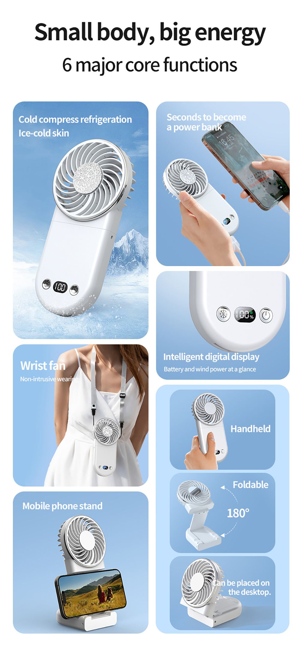 WT20 Portable Handheld Fan, Cooling, 3 Speed Wind, Digital Display, 180&deg; Adjustable, 2000mAh Battery, USB Rechargeable, Power Bank & Phone Stand, Pink