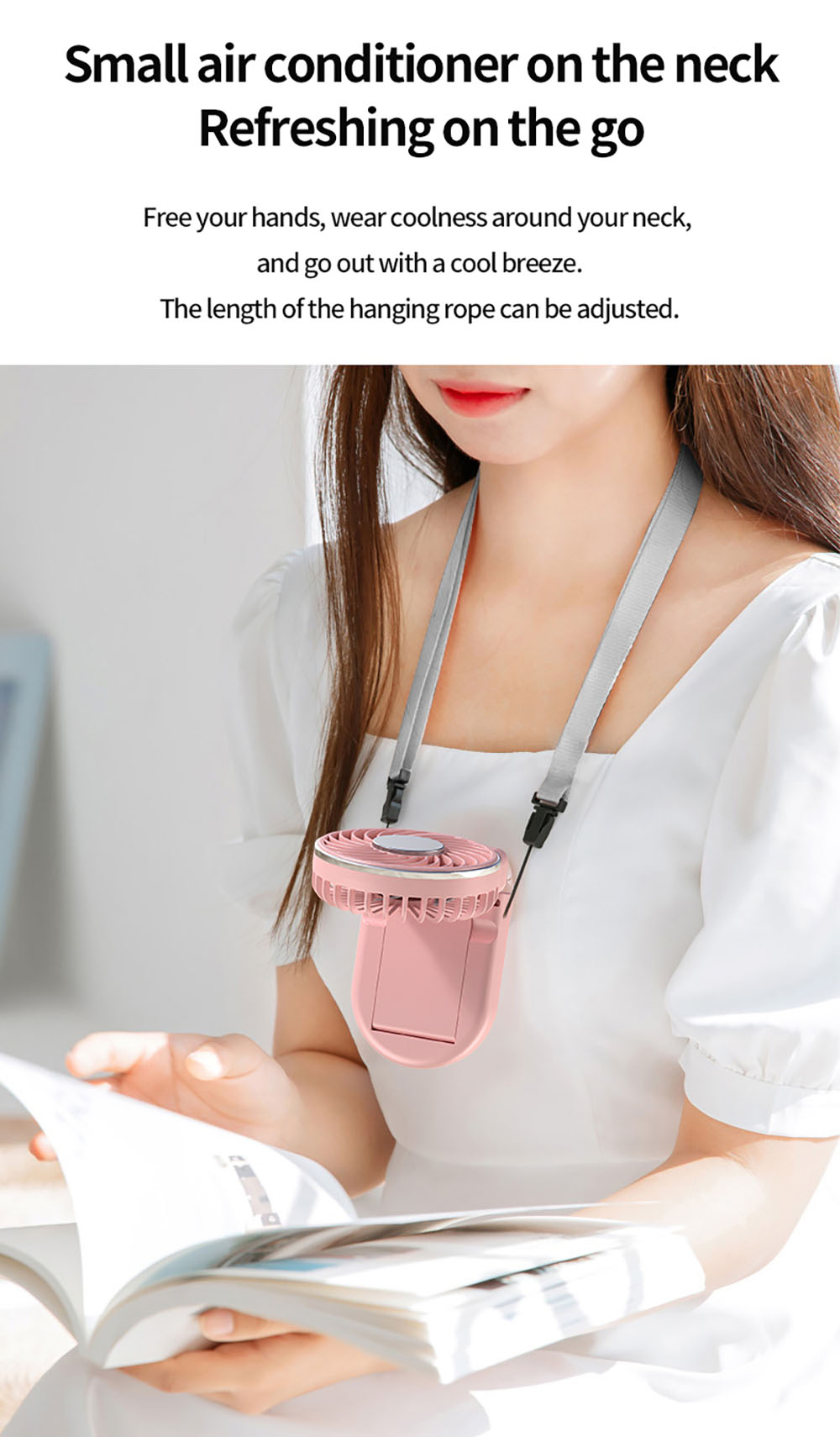 WT20 Portable Handheld Fan, Cooling, 3 Speed Wind, Digital Display, 180&deg; Adjustable, 2000mAh Battery, USB Rechargeable, Power Bank & Phone Stand, Pink