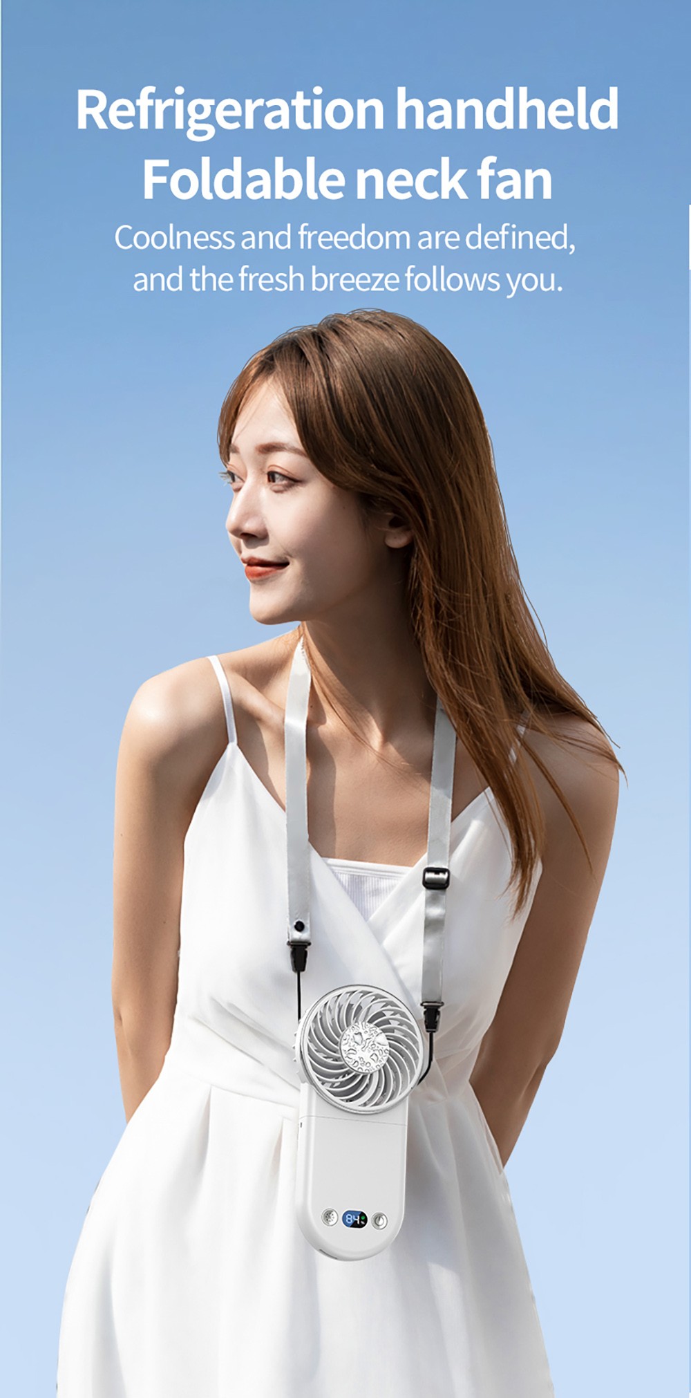 WT20 Portable Handheld Fan, Cooling, 3 Speed Wind, Digital Display, 180&deg; Adjustable, 2000mAh Battery, USB Rechargeable, Power Bank & Phone Stand, White