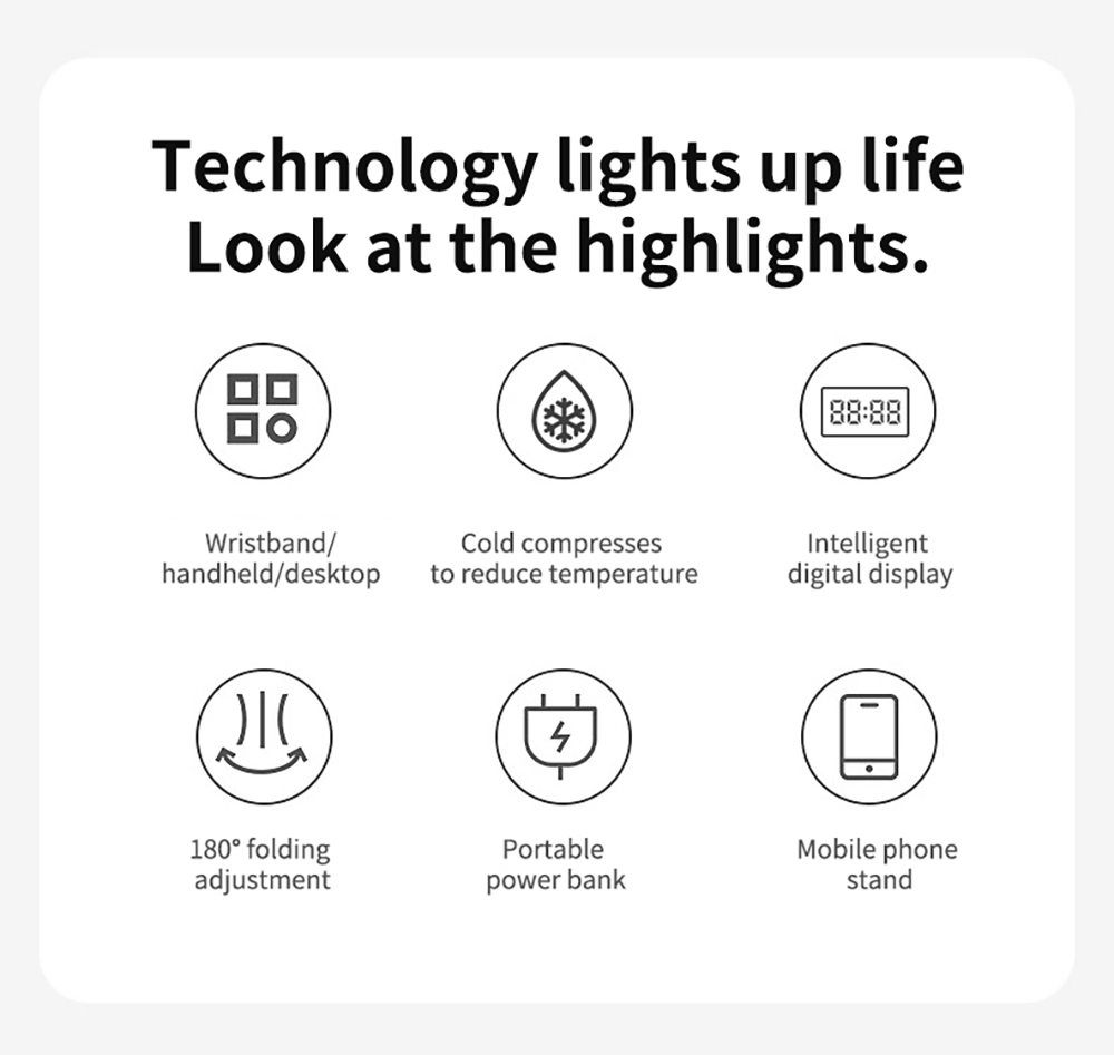 WT20 Portable Handheld Fan, Cooling, 3 Speed Wind, Digital Display, 180&deg; Adjustable, 2000mAh Battery, USB Rechargeable, Power Bank & Phone Stand, White