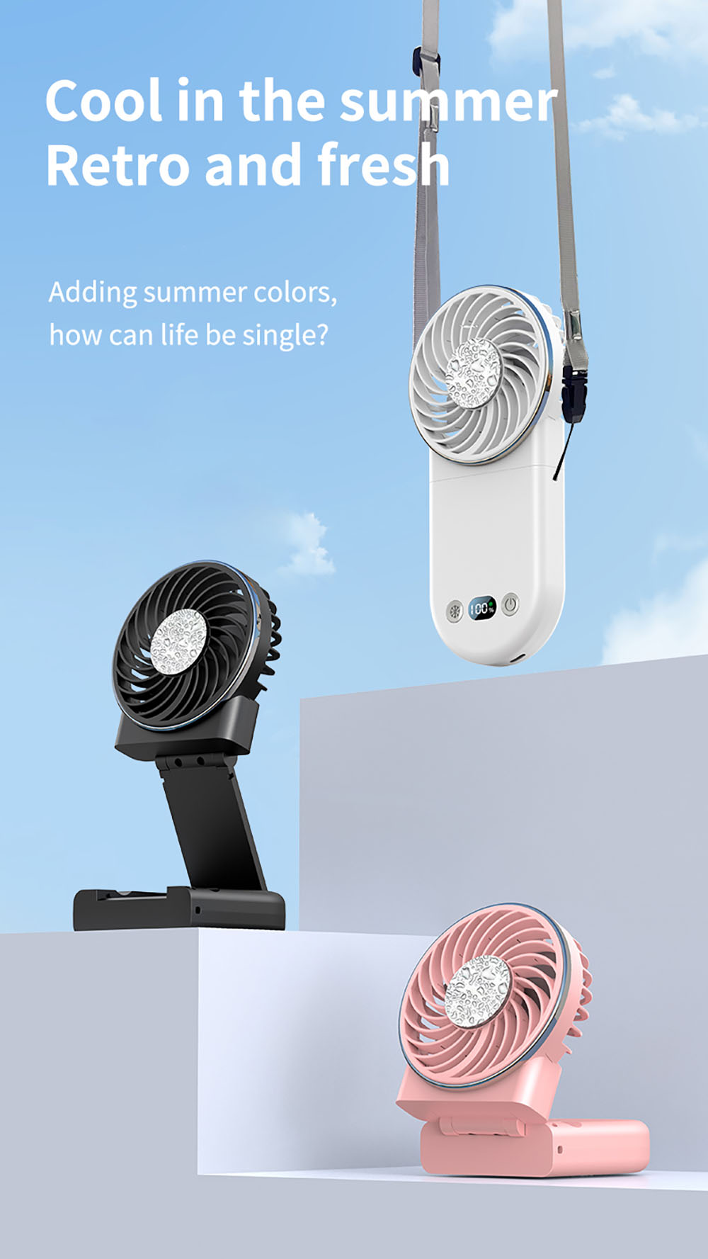 WT20 Portable Handheld Fan, Cooling, 3 Speed Wind, Digital Display, 180&deg; Adjustable, 2000mAh Battery, USB Rechargeable, Power Bank & Phone Stand, White
