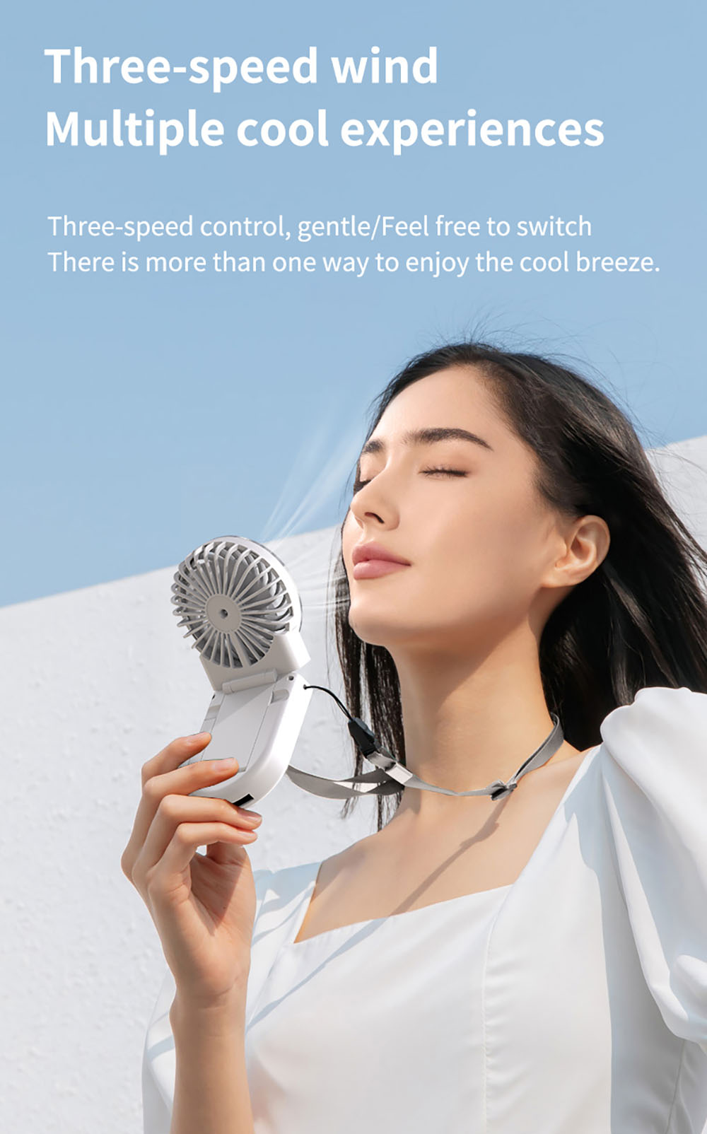 WT20 Portable Handheld Fan, Cooling, 3 Speed Wind, Digital Display, 180&deg; Adjustable, 2000mAh Battery, USB Rechargeable, Power Bank & Phone Stand, White