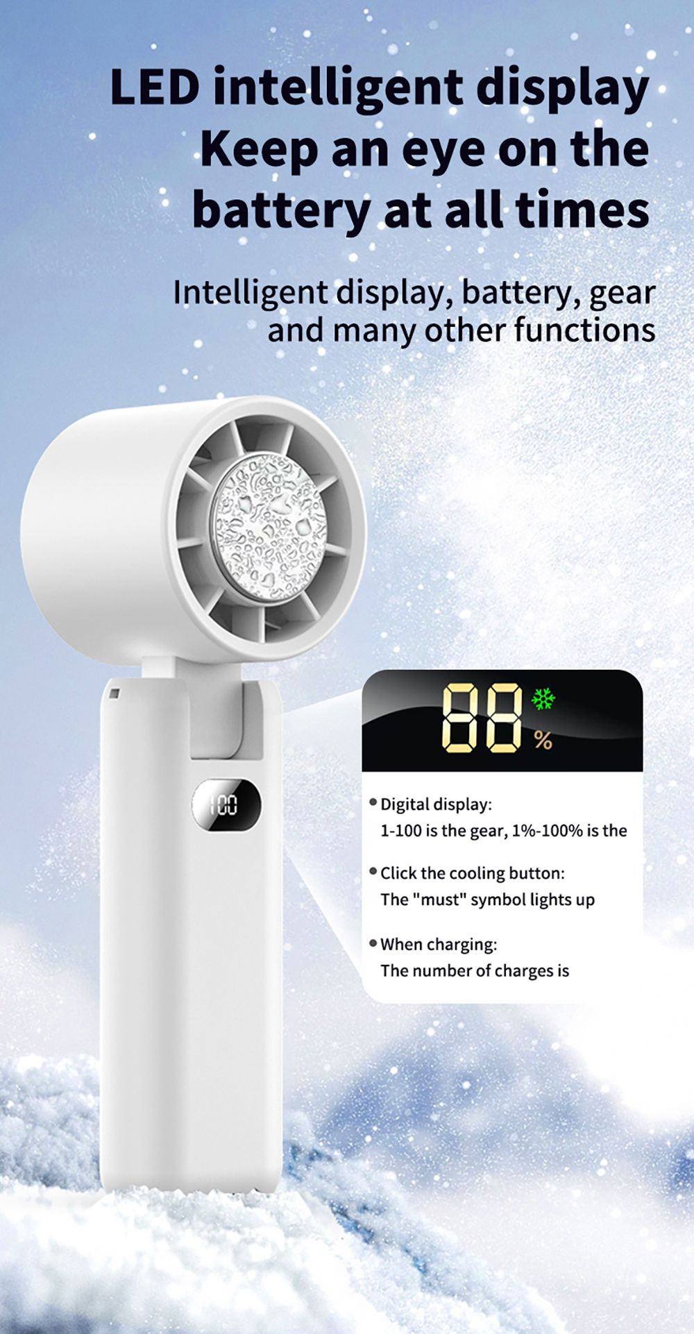WT21 Portable Handheld Fan, Cooling, 3600mAh Battery, High-speed Motor, 180&deg; Foldable, LED Digital Display, 100-level Speed Adjustment, White