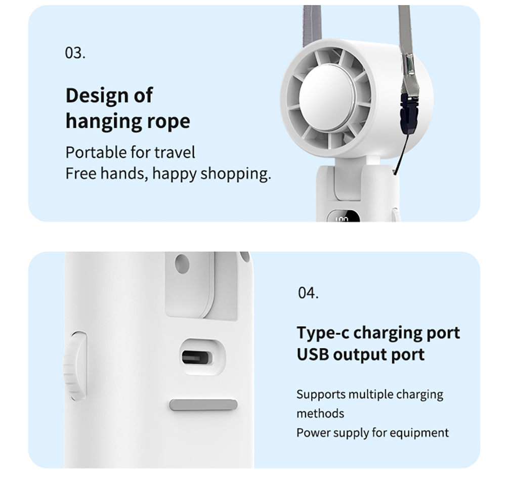 WT21 Portable Handheld Fan, Cooling, 3600mAh Battery, High-speed Motor, 180&deg; Foldable, LED Digital Display, 100-level Speed Adjustment, White