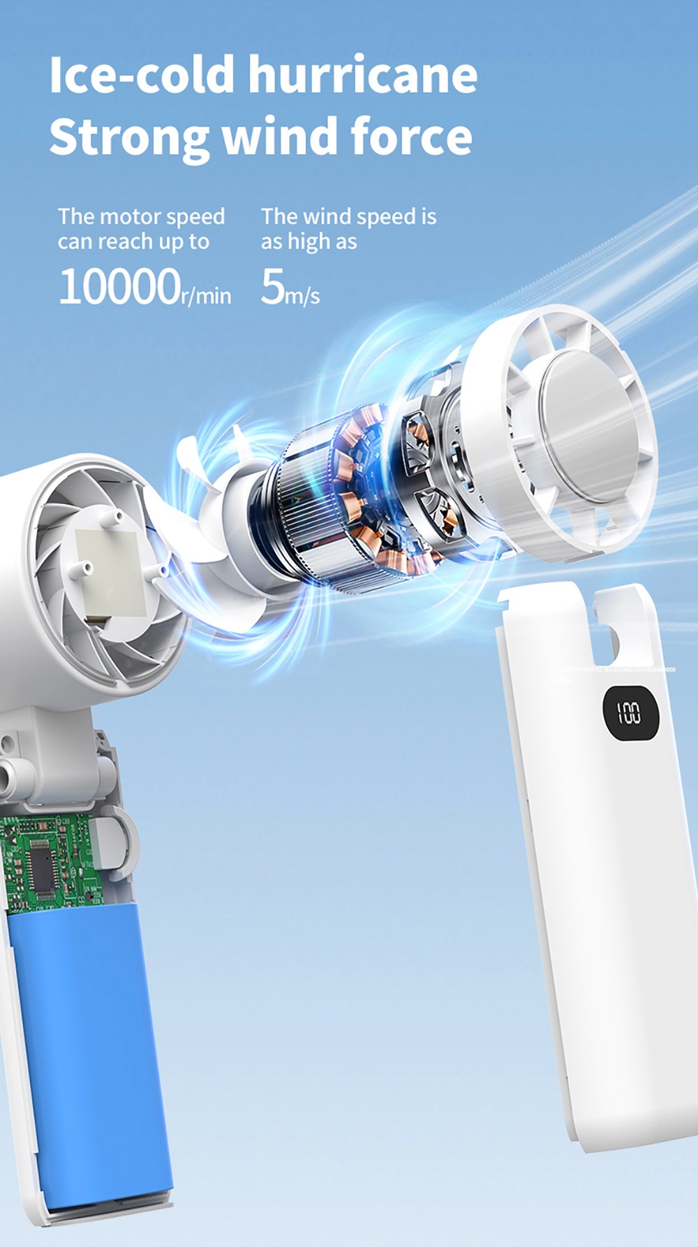 WT21 Portable Handheld Fan, Cooling, 3600mAh Battery, High-speed Motor, 180&deg; Foldable, LED Digital Display, 100-level Speed Adjustment, White