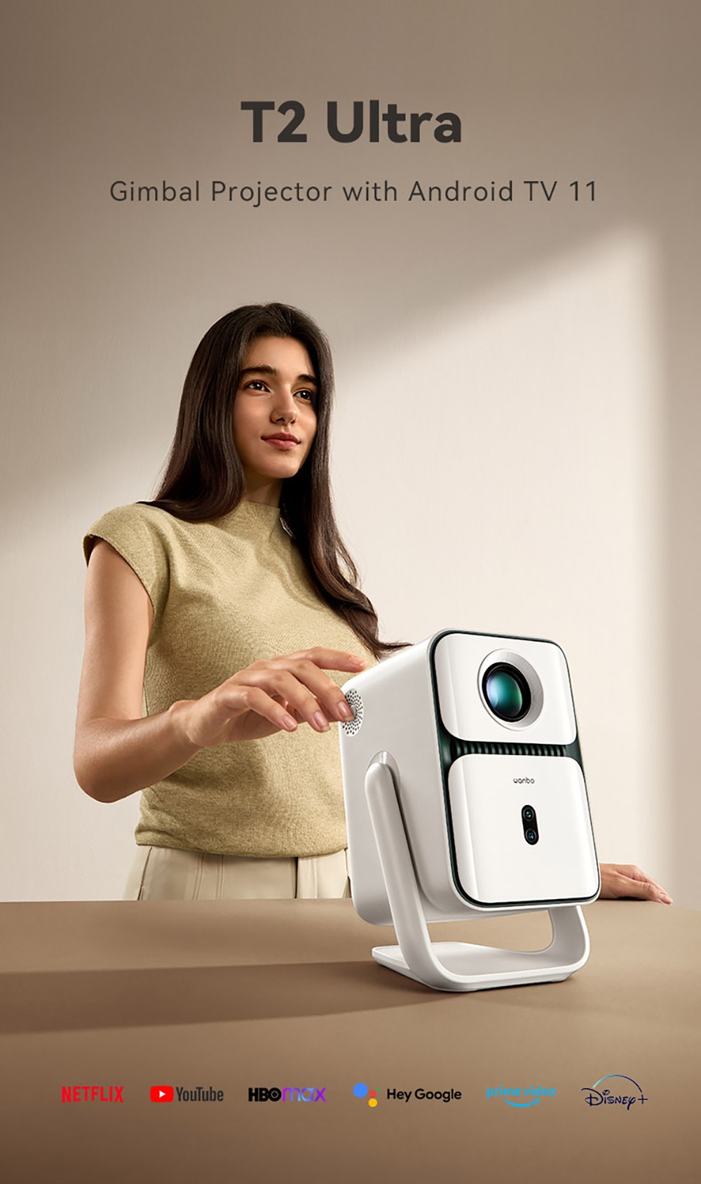 Wanbo T2 Ultra Projector, Android TV 11, 500 ANSI, Native 1080P, 120&deg; Rotating Stand, Auto Focus & Keystone Correction, Obstacle Avoidance, 45 - 140' Projection Size, Dual-band WiFi, 2*5W Speaker