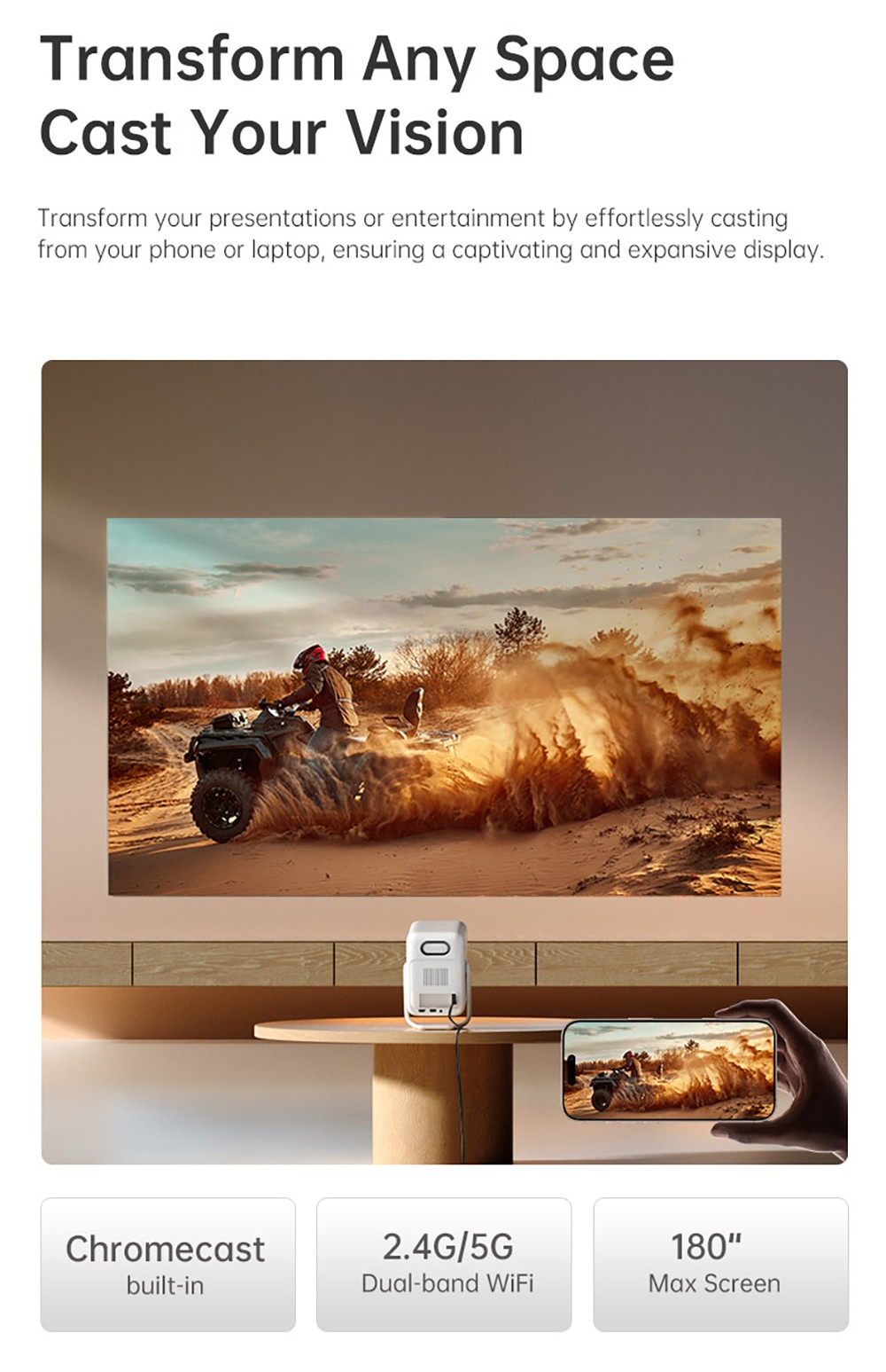 Wanbo T2 Ultra Projector, Android TV 11, 500 ANSI, Native 1080P, 120&deg; Rotating Stand, Auto Focus & Keystone Correction, Obstacle Avoidance, 45 - 140' Projection Size, Dual-band WiFi, 2*5W Speaker