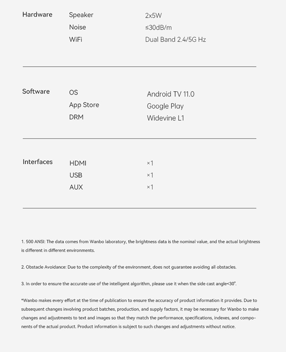 Wanbo T2 Ultra Projector, Android TV 11, 500 ANSI, Native 1080P, 120&deg; Rotating Stand, Auto Focus & Keystone Correction, Obstacle Avoidance, 45 - 140' Projection Size, Dual-band WiFi, 2*5W Speaker