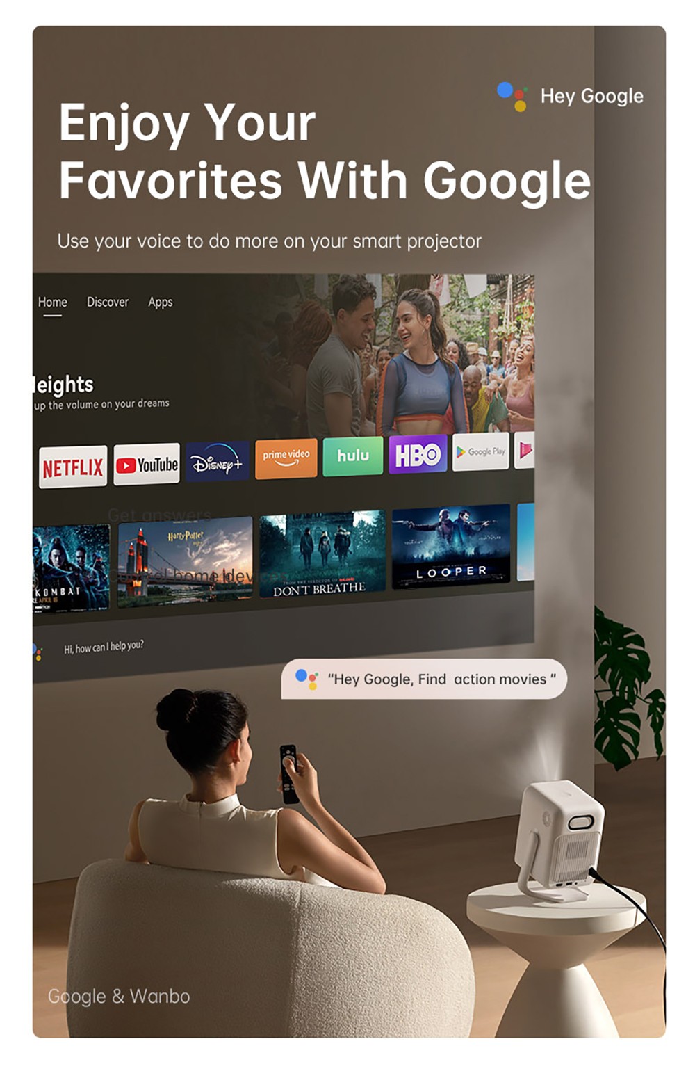 Wanbo T2 Ultra Projector, Android TV 11, 500 ANSI, Native 1080P, 120&deg; Rotating Stand, Auto Focus & Keystone Correction, Obstacle Avoidance, 45 - 140' Projection Size, Dual-band WiFi, 2*5W Speaker