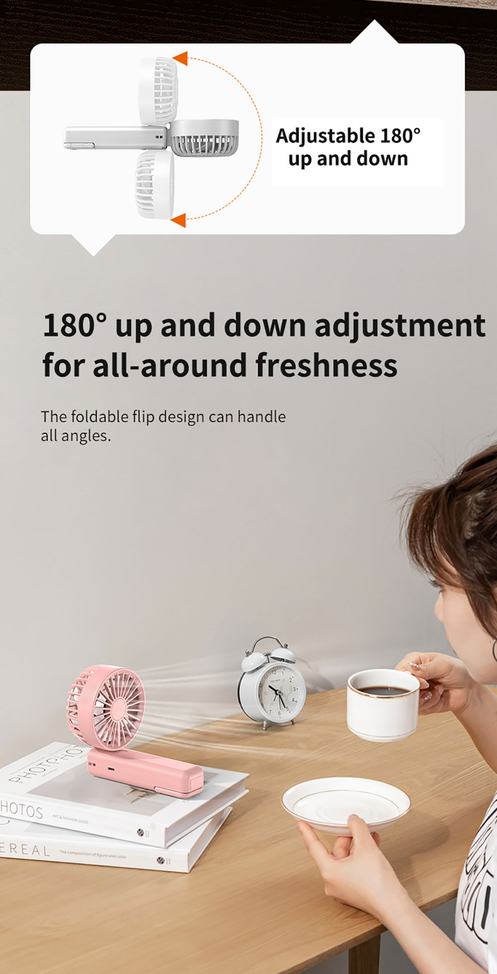 YL09 Portable Rechargeable Handheld Fan, 2000mAh Battery, 180&deg; Foldable, Dual Blades, 4-Speed Adjustment, Pink