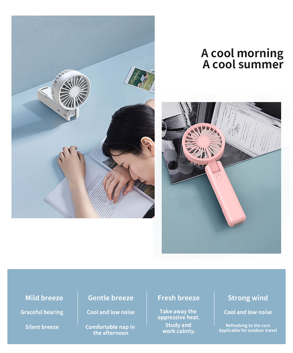 YL09 Portable Rechargeable Handheld Fan, 2000mAh Battery, 180&deg; Foldable, Dual Blades, 4-Speed Adjustment, Pink