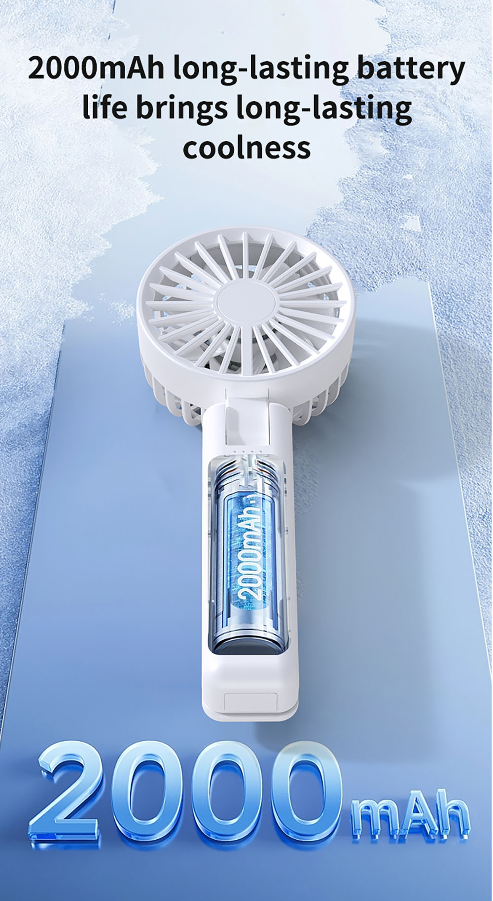 YL09 Portable Rechargeable Handheld Fan, 2000mAh Battery, 180&deg; Foldable, Dual Blades, 4-Speed Adjustment, White