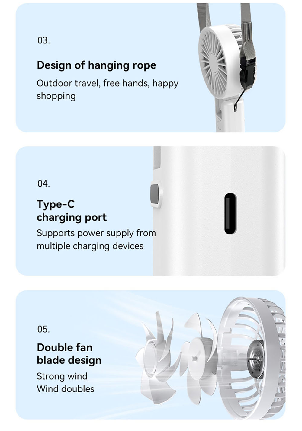 YL09 Portable Rechargeable Handheld Fan, 2000mAh Battery, 180&deg; Foldable, Dual Blades, 4-Speed Adjustment, White