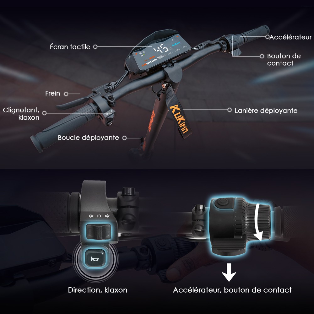 Kukirin G2 Mise &agrave; jour 2025 Trottinette &eacute;lectrique pliable , Moteur 800 W, Batterie 48 V 15 Ah, Pneu 10 pouces, Vitesse maximale 45 km/h, Autonomie 55 km, &Eacute;cran tactile, Frein &agrave; disque, Syst&egrave;me 7 lumi&egrave;res - Noir