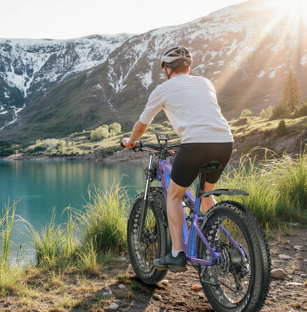 DUOTTS E26 Elektrofahrrad, 750 W Motor, 48 V 20 Ah Akku, 26 x 4,0 Zoll Reifen, 55 km/h Höchstgeschwindigkeit, 120 km Maximale Reichweite, Hydraulische Scheibenbremsen, Vorder- und Hinterradfederung, Shimano 8-Gang - Blau Lila