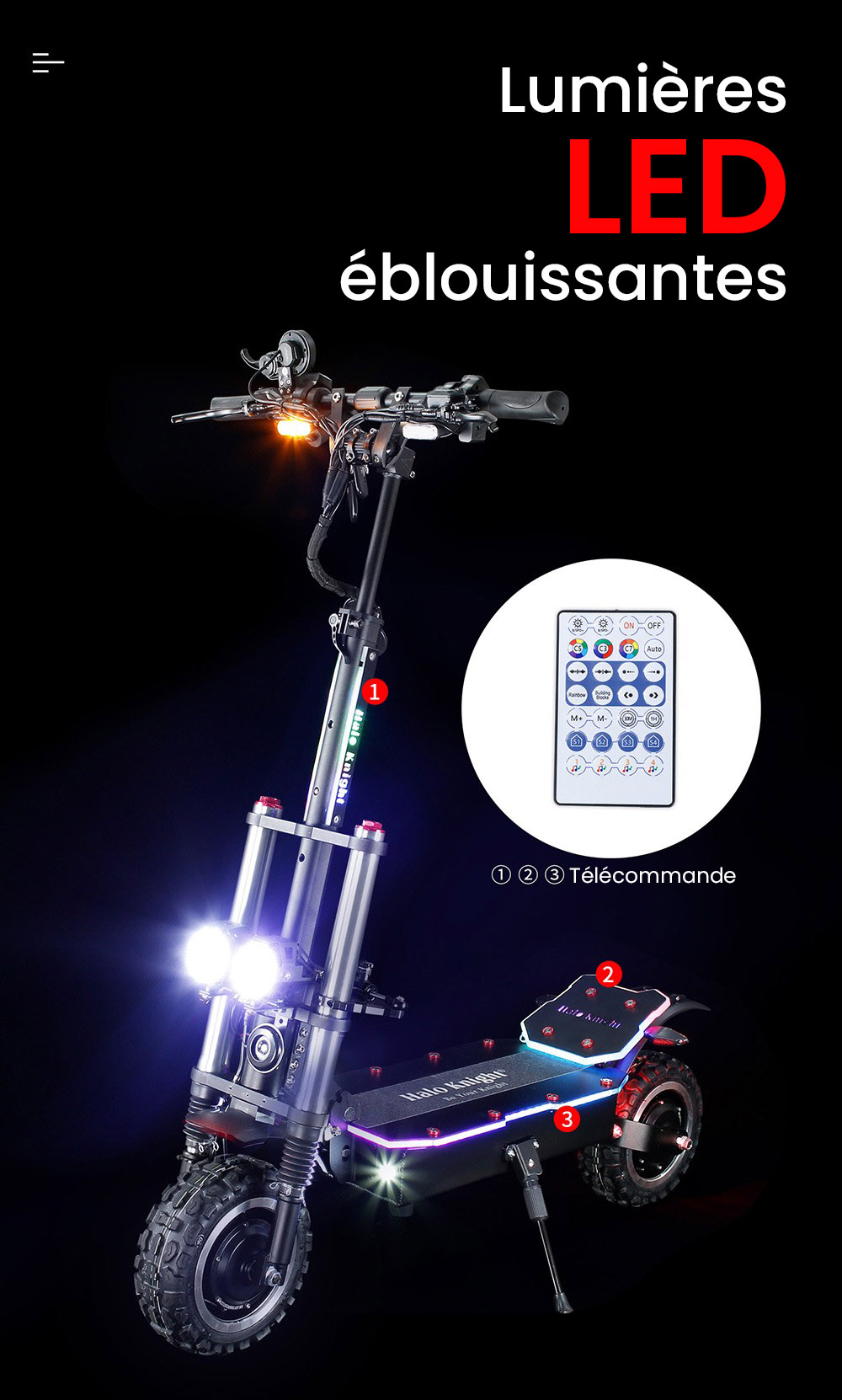 Halo Knight T107 Pro Trottinette &eacute;lectrique, Pneu tout-terrain 11 pouces, 3000W*2 Double moteur, Vitesse maximale 95 km/h, Batterie 60V 38.4Ah, Autonomie maximale 80 km