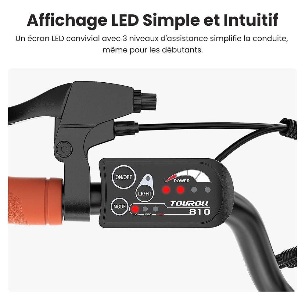 V&eacute;lo &eacute;lectrique Touroll B2, moteur 250 W, batterie 36 V 15,6 Ah, pneus 26 x 2,25 pouces, vitesse maximale 25 km/h, autonomie 100 km, frein &agrave; disque et frein &eacute;lectrique, Shimano 7 vitesses, &eacute;cran LED