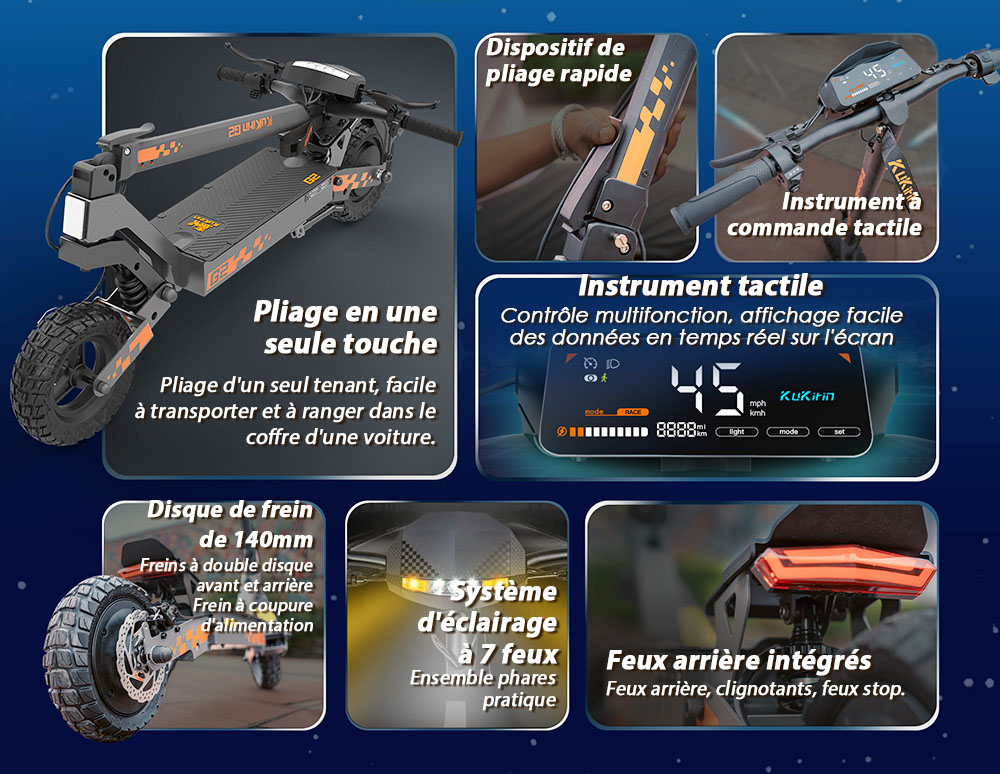 Kukirin G2 Mise &agrave; jour 2025 Trottinette &eacute;lectrique pliable , Moteur 800 W, Batterie 48 V 15 Ah, Pneu 10 pouces, Vitesse maximale 45 km/h, Autonomie 55 km, &Eacute;cran tactile, Frein &agrave; disque, Syst&egrave;me 7 lumi&egrave;res - Noir