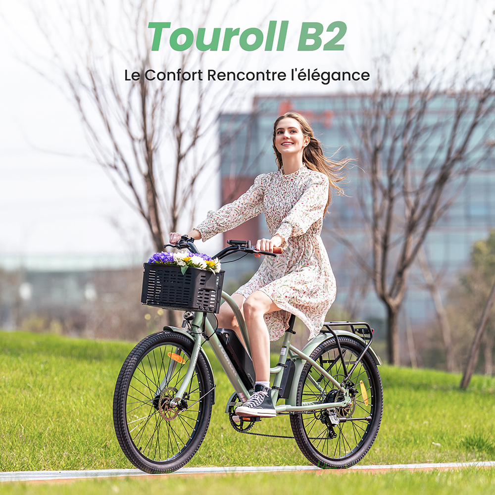 V&eacute;lo &eacute;lectrique Touroll B2, moteur 250 W, batterie 36 V 15,6 Ah, pneus 26 x 2,25 pouces, vitesse maximale 25 km/h, autonomie 100 km, frein &agrave; disque et frein &eacute;lectrique, Shimano 7 vitesses, &eacute;cran LED