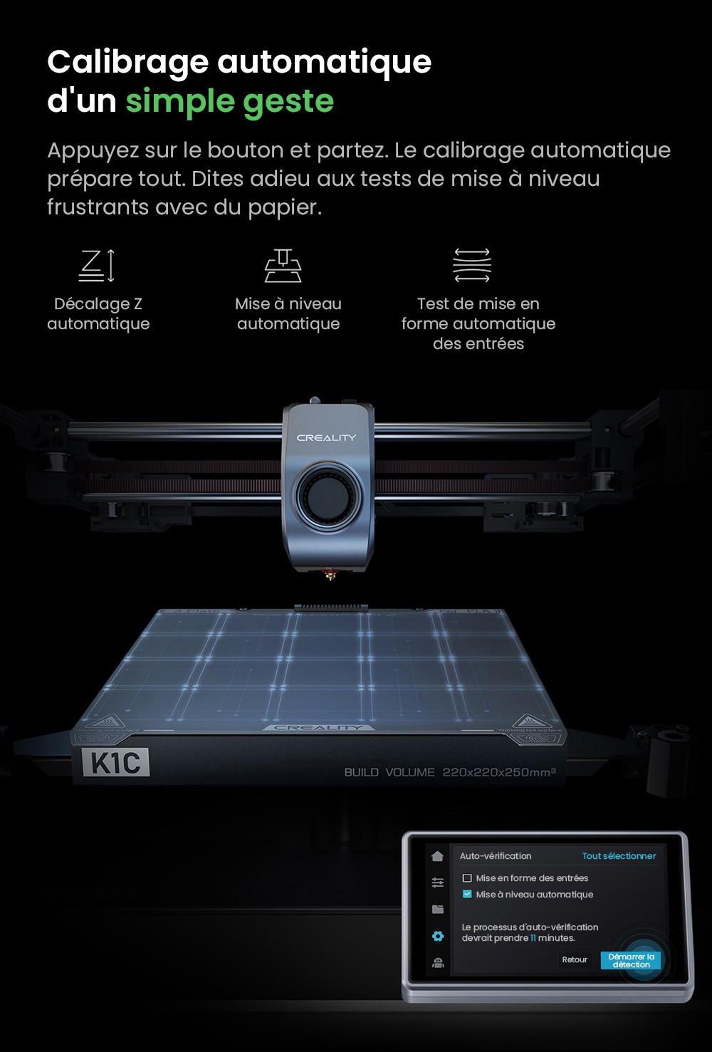 Imprimante 3D Creality K1C, vitesse maximale de 600 mm/s, cam&eacute;ra AI, buse &agrave; changement rapide, extrudeuse enti&egrave;rement en m&eacute;tal, imprime en fibre de carbone, filtre &agrave; air et mode silencieux