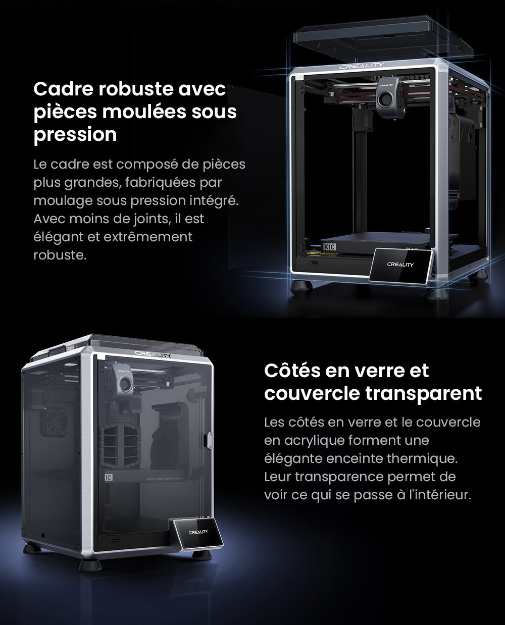 Imprimante 3D Creality K1C, vitesse maximale de 600 mm/s, cam&eacute;ra AI, buse &agrave; changement rapide, extrudeuse enti&egrave;rement en m&eacute;tal, imprime en fibre de carbone, filtre &agrave; air et mode silencieux
