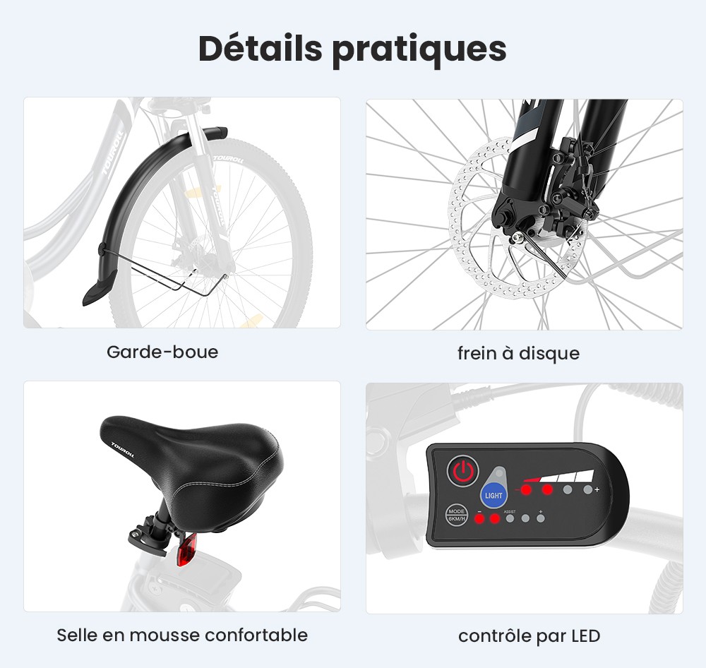 Touroll B1 V&eacute;lo de ville &eacute;lectrique, moteur 250 W, couple 45 Nm, pneu 26