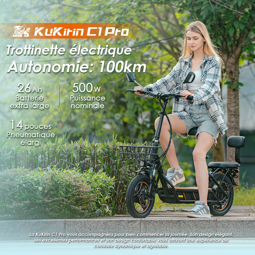 (Version am&eacute;lior&eacute;e) Trottinette &eacute;lectrique KuKirin C1 Pro, moteur 500 W, batterie 48 V 26 Ah, pneu pneumatique 14 pouces, vitesse maximale 45 km, autonomie 100 km, pliage en un clic, si&egrave;ge arri&egrave;re et panier de rangement avant, r&eacute;troviseur