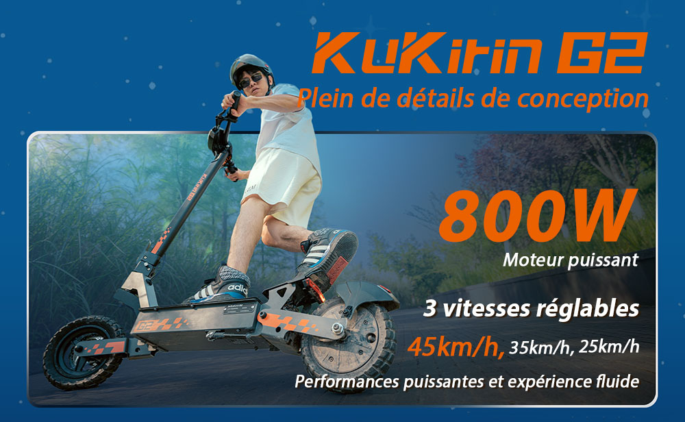 Kukirin G2 Mise &agrave; jour 2025 Trottinette &eacute;lectrique pliable , Moteur 800 W, Batterie 48 V 15 Ah, Pneu 10 pouces, Vitesse maximale 45 km/h, Autonomie 55 km, &Eacute;cran tactile, Frein &agrave; disque, Syst&egrave;me 7 lumi&egrave;res - Noir