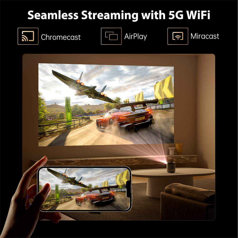 ETOE Dolphin 1080P-Projektor mit Google TV-System, 4K-UHD-Videodekodierung, Netflix, YouTube, Prime Video, immersivem Sound, Autofokus und Trapezkorrektur, 500 ANSI-Lumen, Dualband-WLAN