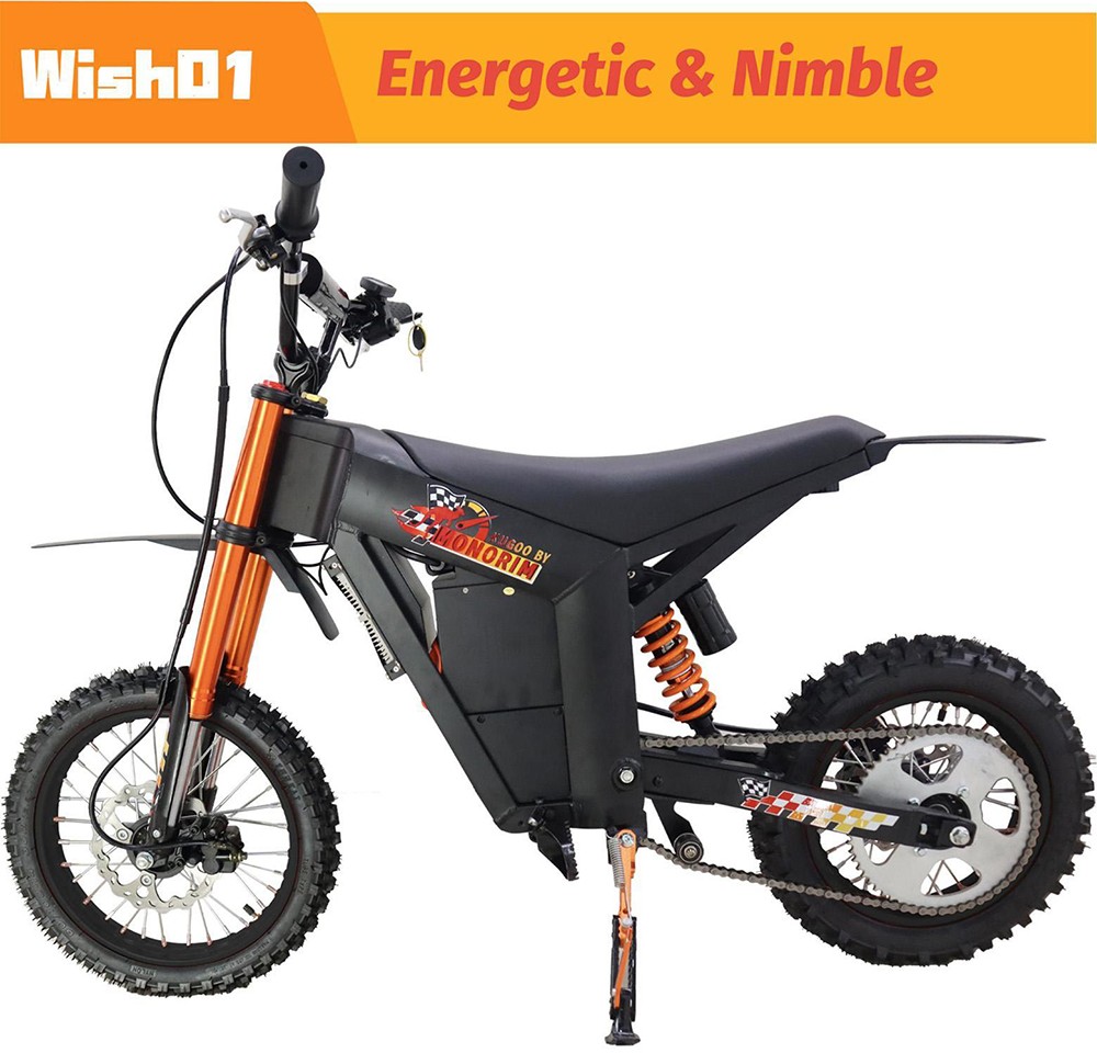 V&eacute;lo de montagne &eacute;lectrique KUGOO Wish 01, moteur 1500 W, batterie 48 V 21 Ah, vitesse maximale 55 km/h, autonomie 50 km, pneu avant 14 pouces + pneu arri&egrave;re 12 pouces, suspension hydraulique, frein hydraulique