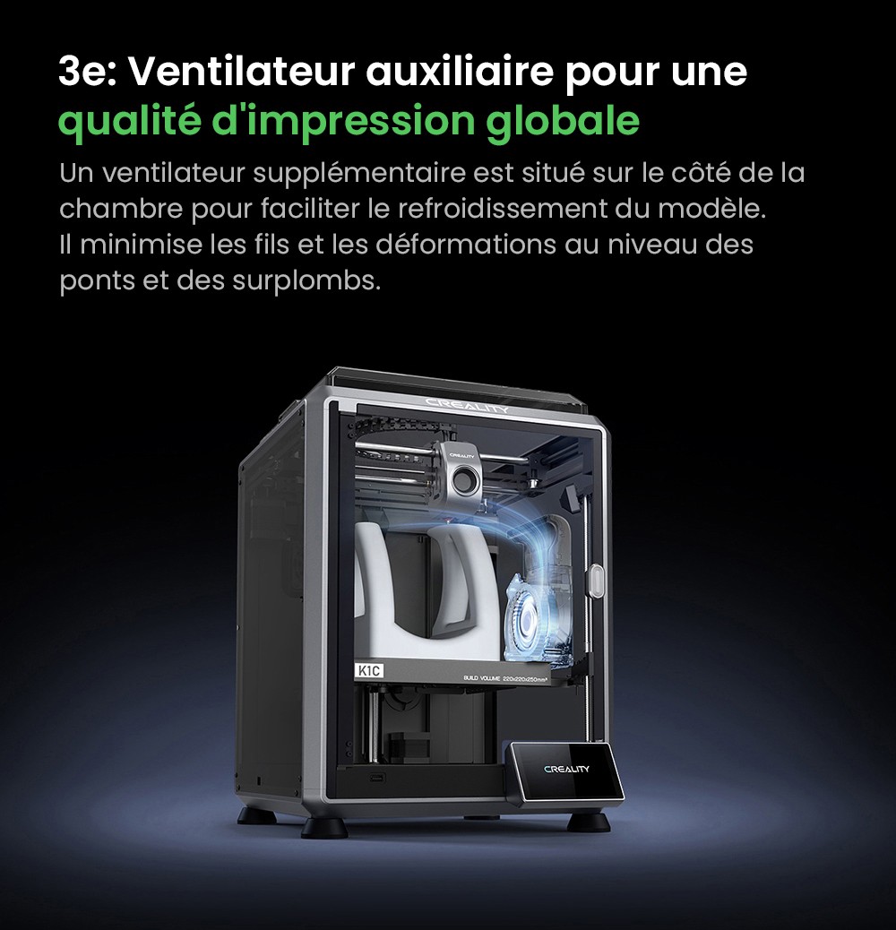 Imprimante 3D Creality K1C, vitesse maximale de 600 mm/s, cam&eacute;ra AI, buse &agrave; changement rapide, extrudeuse enti&egrave;rement en m&eacute;tal, imprime en fibre de carbone, filtre &agrave; air et mode silencieux