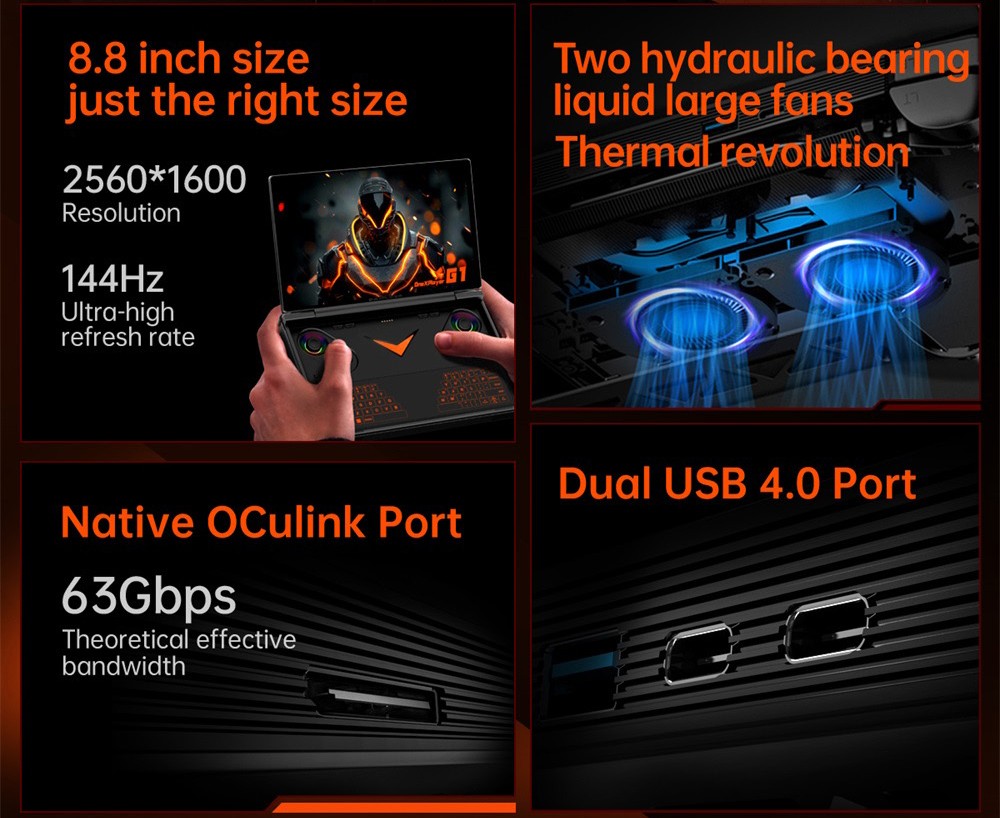 One Netbook OneXPlayer G1 Handheld Gaming PC, Intel Ultra 7 255H 16 Cores Max 5.1GHz, 8.8'' 2560*1600 144Hz Screen, 32GB LPDDR5X 7500MHz RAM 1TB SSD, WiFi 6E, 2*USB-C, 1*USB3.2, 1*TF Card, 1* Oculink, 1*3.5mm Audio, Fingerprint Unlock - EU Plug