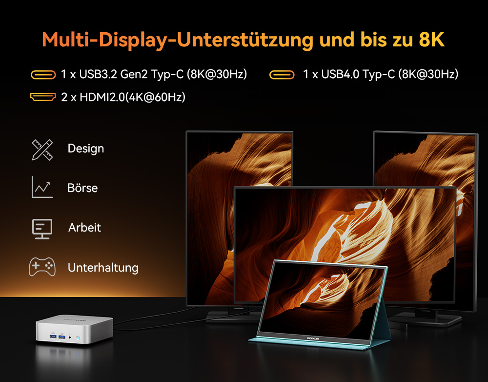 GEEKOM A8 AI Mini-PC, AMD Ryzen 7 8845HS 8 Kerne, max. 5,1 GHz, 32 GB RAM, 1 TB SSD, USB 3.2 Typ C (8K bei 30 Hz) + USB 4.0 Typ C (8K bei 30 Hz) + 2 * HDMI 2.0 (4K bei 60 Hz) Vierfach-Bildschirmanzeige, WiFi 6E Bluetooth 5.2, 3 * USB 3.2 Typ A, 1 * USB 2.0, 1 * RJ45, 1 * Headset-Buchse