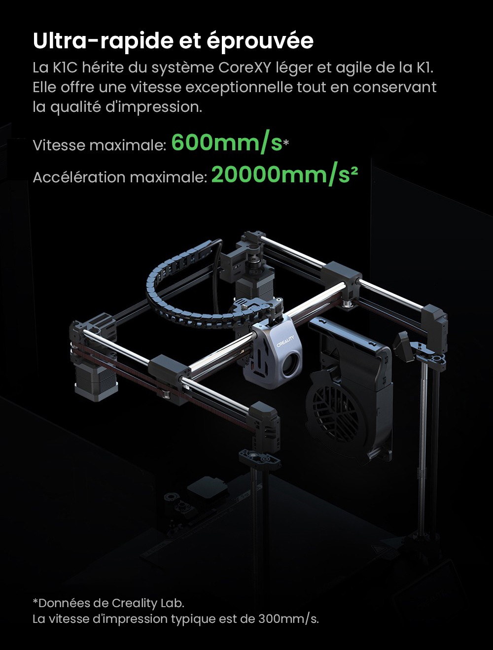 Imprimante 3D Creality K1C, vitesse maximale de 600 mm/s, cam&eacute;ra AI, buse &agrave; changement rapide, extrudeuse enti&egrave;rement en m&eacute;tal, imprime en fibre de carbone, filtre &agrave; air et mode silencieux
