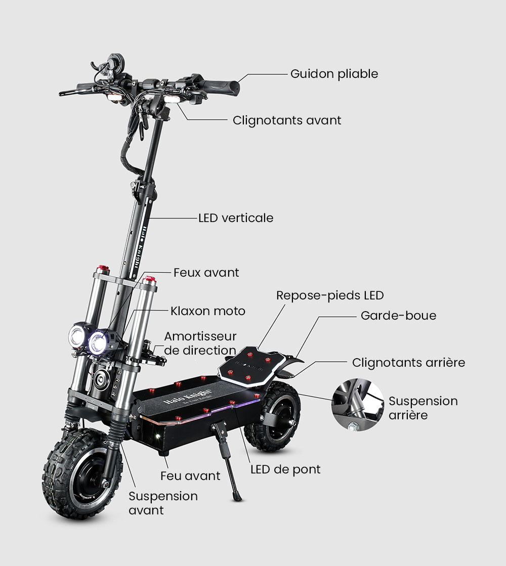 Halo Knight T107 Pro Trottinette &eacute;lectrique, Pneu tout-terrain 11 pouces, 3000W*2 Double moteur, Vitesse maximale 95 km/h, Batterie 60V 38.4Ah, Autonomie maximale 80 km