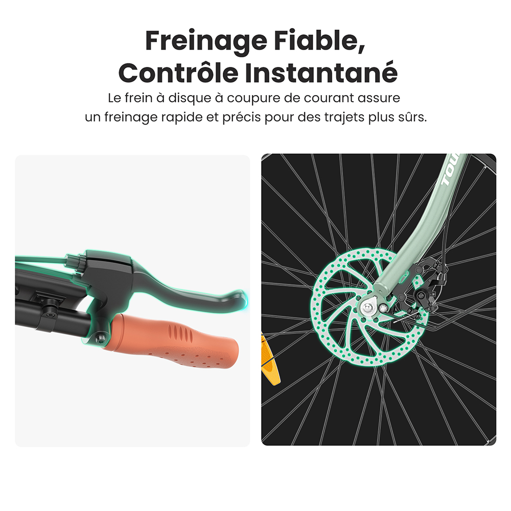 V&eacute;lo &eacute;lectrique Touroll B2, moteur 250 W, batterie 36 V 15,6 Ah, pneus 26 x 2,25 pouces, vitesse maximale 25 km/h, autonomie 100 km, frein &agrave; disque et frein &eacute;lectrique, Shimano 7 vitesses, &eacute;cran LED