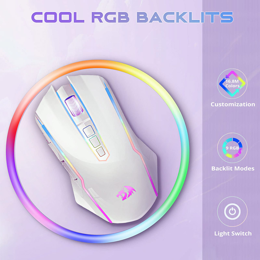 Refurbished Redragon M910-WS RANGER LITE RGB 2.4G Wireless/Wired Double Modes Gaming Mouse 8000 DPI with Rapid Fire Buttons - White