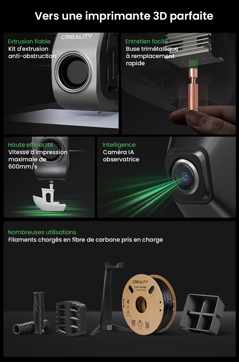 Imprimante 3D Creality K1C, vitesse maximale de 600 mm/s, mise &agrave; niveau automatique, cam&eacute;ra AI, buse &agrave; changement rapide, extrudeuse enti&egrave;rement en m&eacute;tal, imprime en fibre de carbone, filtre &agrave; air et mode silencieux