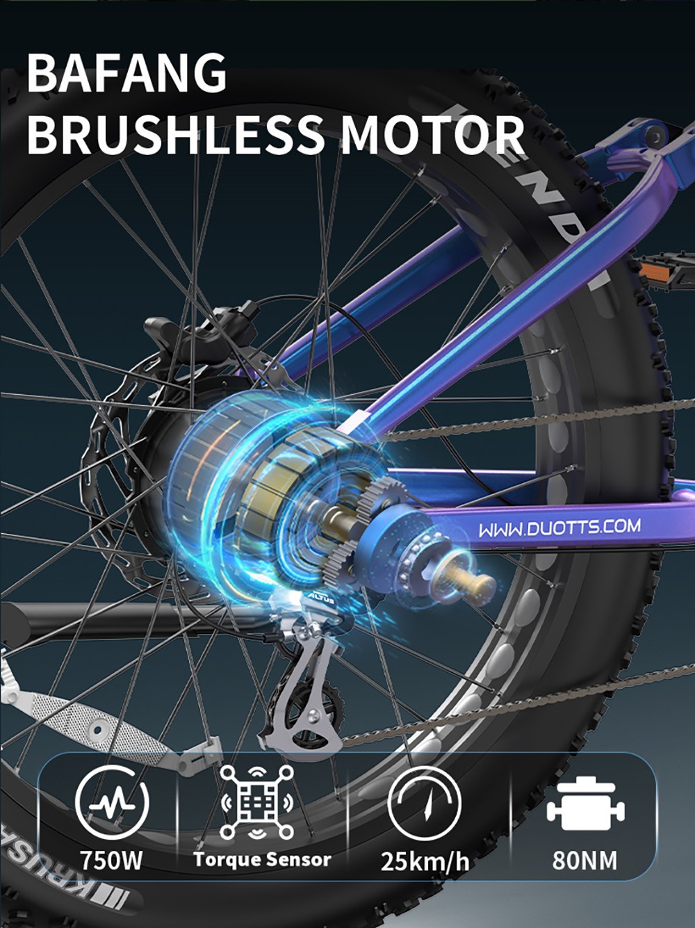 DUOTTS E26 V&eacute;lo &eacute;lectrique, moteur Bafang 750 W, capteur de couple, batterie SAMSUNG 48 V 20 Ah, pneus 26 x 4,0 pouces, vitesse maximale 55 km/h, autonomie maximale 120 km, freins &agrave; disque hydrauliques TEKTRO, suspension avant et arri&egrave;re, Shimano 8 vitesses - Bleu violet