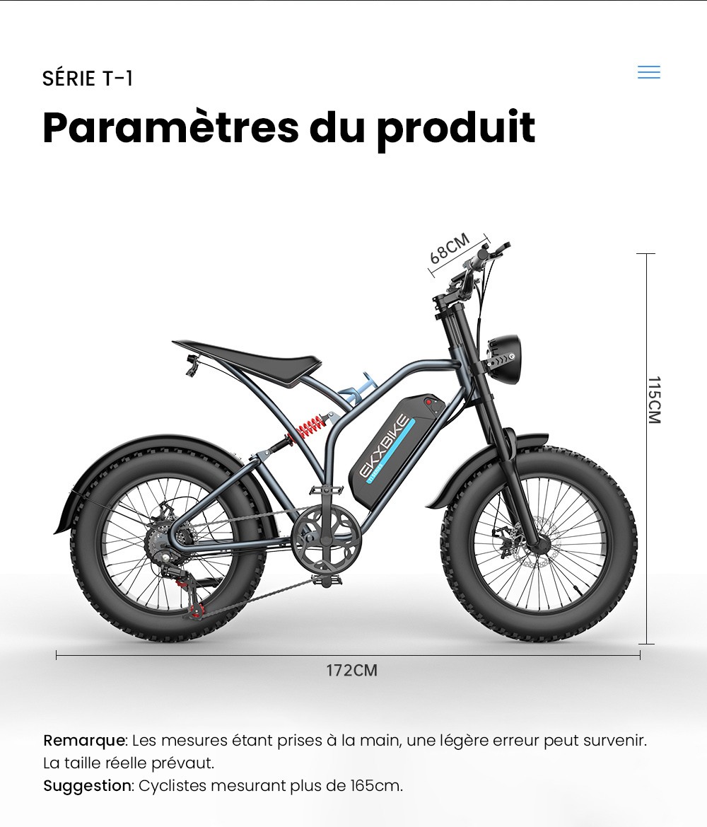 EKXBIKE T1 V&eacute;lo &eacute;lectrique, moteur 1000 W, batterie 48 V 20 Ah, pneu large 20 x 4 pouces, vitesse maximale 50 km/h, autonomie 100 km, freins &agrave; disque, amortisseur hydraulique, Shimano 7 vitesses