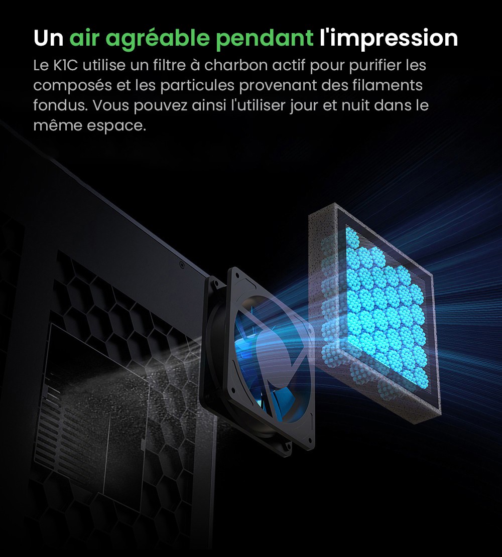 Imprimante 3D Creality K1C, vitesse maximale de 600 mm/s, cam&eacute;ra AI, buse &agrave; changement rapide, extrudeuse enti&egrave;rement en m&eacute;tal, imprime en fibre de carbone, filtre &agrave; air et mode silencieux