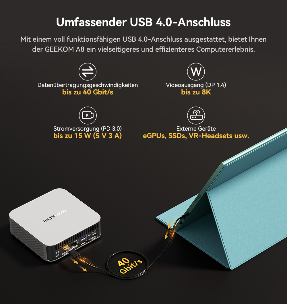 GEEKOM A8 AI Mini-PC, AMD Ryzen 7 8845HS 8 Kerne, max. 5,1 GHz, 32 GB RAM, 1 TB SSD, USB 3.2 Typ C (8K bei 30 Hz) + USB 4.0 Typ C (8K bei 30 Hz) + 2 * HDMI 2.0 (4K bei 60 Hz) Vierfach-Bildschirmanzeige, WiFi 6E Bluetooth 5.2, 3 * USB 3.2 Typ A, 1 * USB 2.0, 1 * RJ45, 1 * Headset-Buchse