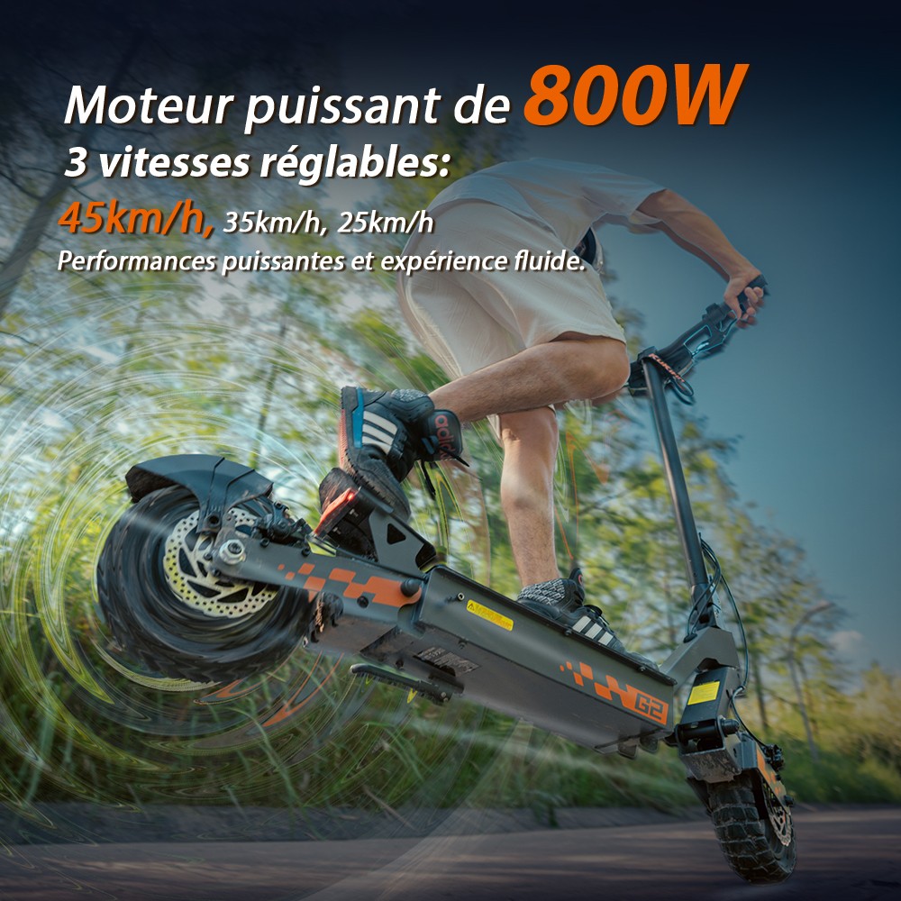 Kukirin G2 Mise &agrave; jour 2025 Trottinette &eacute;lectrique pliable , Moteur 800 W, Batterie 48 V 15 Ah, Pneu 10 pouces, Vitesse maximale 45 km/h, Autonomie 55 km, &Eacute;cran tactile, Frein &agrave; disque, Syst&egrave;me 7 lumi&egrave;res - Noir