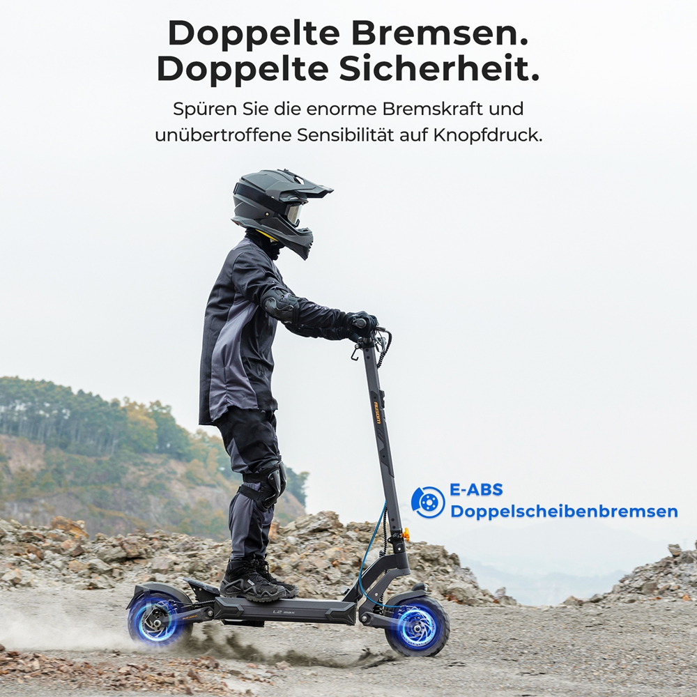 Ausom L2 Max Elektroroller, 2 x 1000 W Motor, 48 V 20,8 Ah Akku, 3 x 10 Zoll Reifen, 65 km/h H&ouml;chstgeschwindigkeit, 90 km Reichweite, Scheibenbremsen vorne und hinten, Schwingenaufh&auml;ngung, versteckte AirTag-Halterung