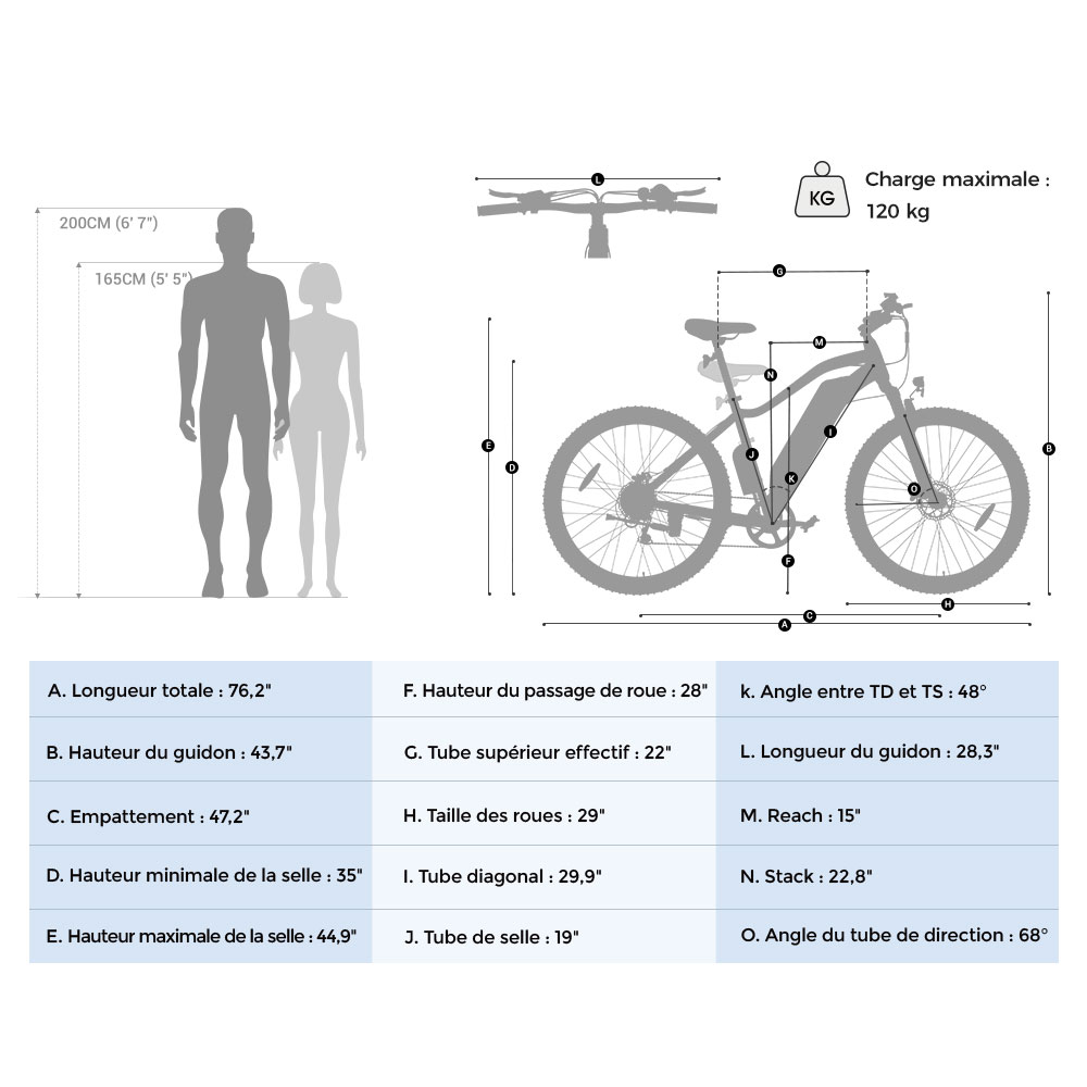 Foride Xtremer 3 V&eacute;lo &eacute;lectrique, moteur 250 W, batterie 48 V 12 Ah, pneus 29 x 2,4 pouces, vitesse maximale 25 km/h, autonomie maximale 120 km, freins &agrave; disque hydrauliques, suspension avec blocage, transmission Shimano 7 vitesses