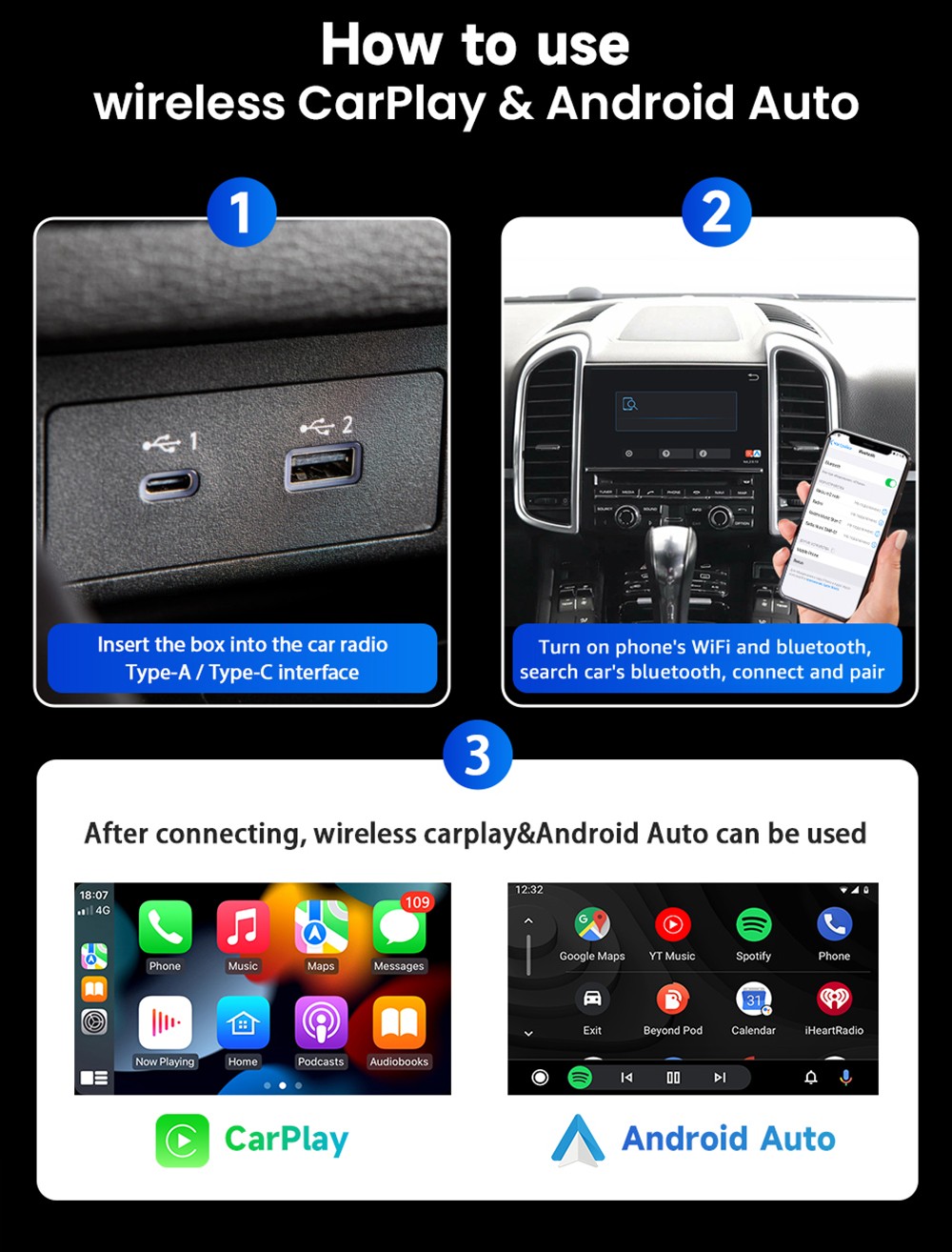 AB051E Wireless Carplay Adapter, Plug & Play Android Auto Box, Supports Split Screen/Voice Control/Navigation, Bluetooth 5.2 & Dual-Band WiFi, Golden