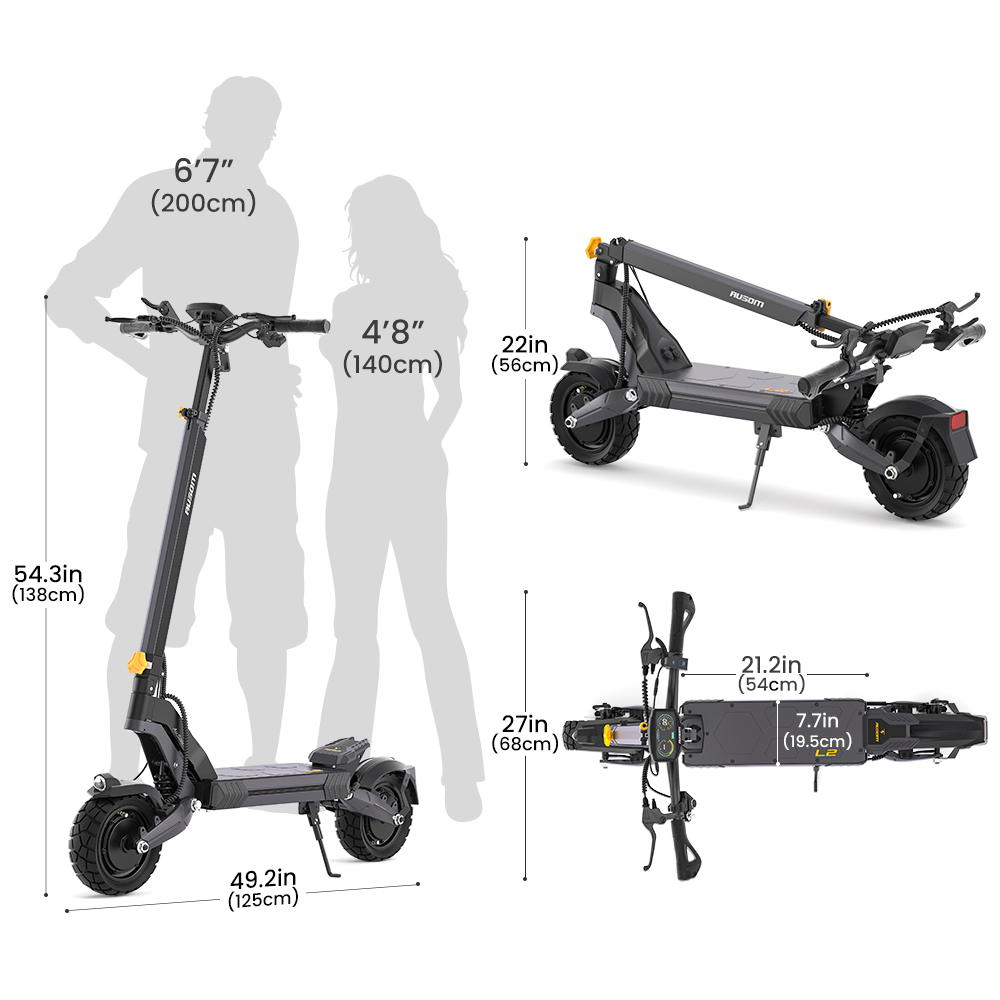 Ausom L2 Max Elektroroller, 2 x 1000 W Motor, 48 V 20,8 Ah Akku, 3 x 10 Zoll Reifen, 65 km/h H&ouml;chstgeschwindigkeit, 90 km Reichweite, Scheibenbremsen vorne und hinten, Schwingenaufh&auml;ngung, versteckte AirTag-Halterung
