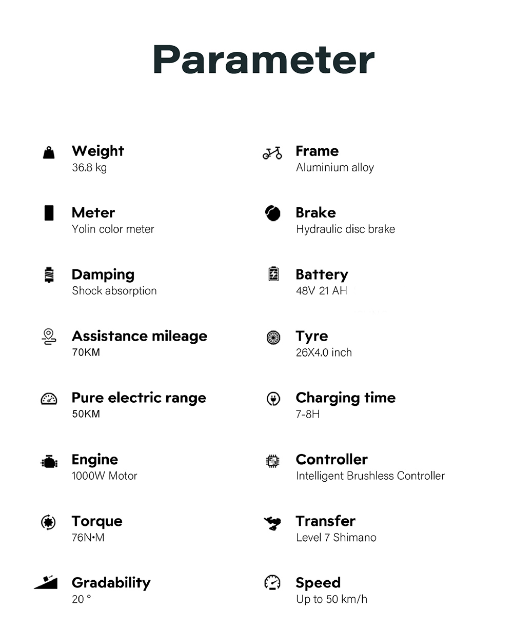 GUNAI-V Electric Bike, 1000W Motor, 48V 21Ah Battery, 26*4.0 Inch Fat Tires, 50km/h Max Speed, 70km Range, Dual Hydraulic Disc Brakes, Shimano 7 Speed, LCD Display