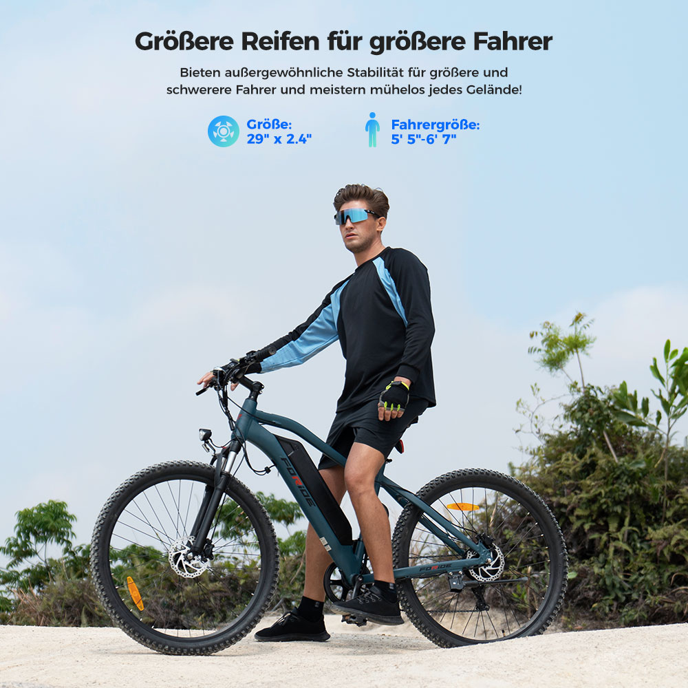 Foride Xtremer 3 Elektrofahrrad, 250-W-Motor, 48-V-12-Ah-Akku, 29 x 2,4-Zoll-Reifen, 25 km/h H&ouml;chstgeschwindigkeit, 120 km maximale Reichweite, hydraulische Scheibenbremsen, Federung mit Sperre, Shimano 7-Gang