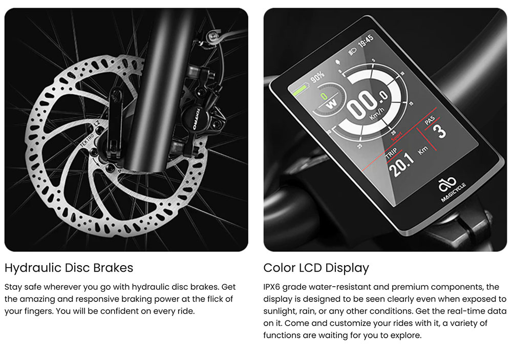 Magicycle Ocelot Pro Electric Bike, 750W Motor, 52V 20Ah Battery, 20*4.0 inch Fat Tires, 28mph Max Speed, 100 Miles Range, Hydraulic
Disc Brakes, Hydraulic Lockout Suspension Fork, Shimano 7 speed - Red